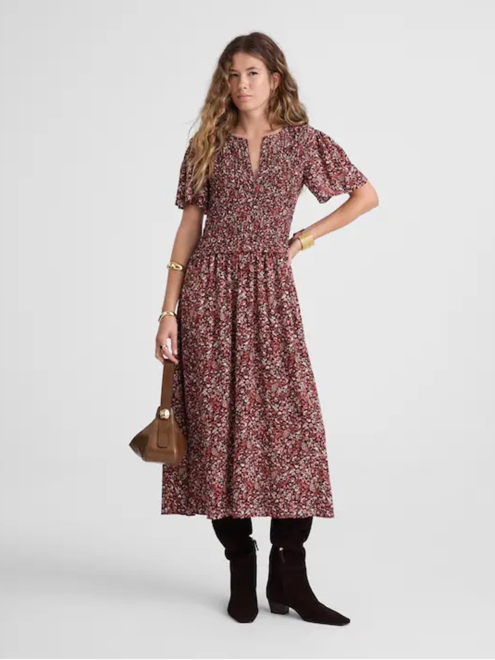 Madewell Wms Brown Floral Zip Front Flutter Sleeve Smocked Boho Midi Dress 8